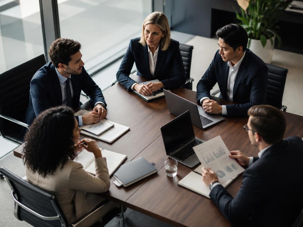 A team discussing strategy around a boardroom table